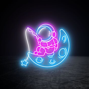 Astronaut LED Neonschild auf dem Mond mit Stern