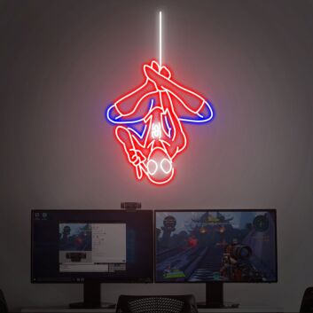 Kopfstehende Superhelden Figur als Neon LED Wandlicht für Gaming Setup und moderne Raumdekoration