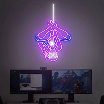Kopfstehende Superhelden Figur als Neon LED Wandlicht für Gaming Setup und moderne Raumdekoration