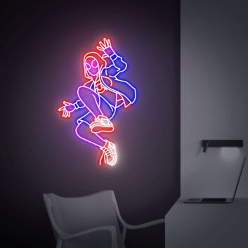 Springende Comic Heldenfigur als Neon LED Wandlicht für Gaming Zimmer und moderne Raumdekoration