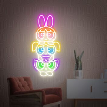 Buntes Neon LED Wandlicht mit drei stilisierten Comic Figuren für moderne Raumdekoration