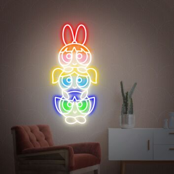 Buntes Neon LED Wandlicht mit drei stilisierten Comic Figuren für moderne Raumdekoration