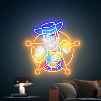 Buntes Neon LED Wandlicht mit stilisierter Western Comic Figur für Wohnzimmer und Spielraum