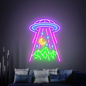 UFO über Bergen mit Mond LED-Neonschild für Wohnzimmer oder Gaming Zimmer