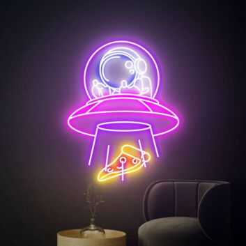 UFO mit Astronaut und Pizzastück LED-Neonschild für Wohnzimmer Bar