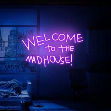 Brighten Your Bar, Office, and Home Décor with the &quot;Welcome To The Madhouse&quot; LED Neon Sign - The Perfect Moving Gift for Any Space!