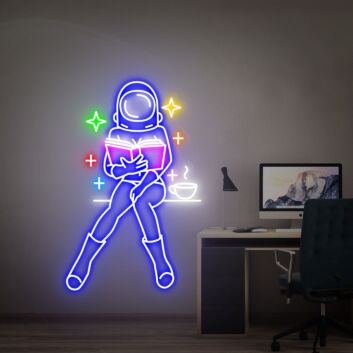 Astronaut beim Lesen mit Kaffeetasse LED-Neonschild Wohnzimmer Arbeitszimmer