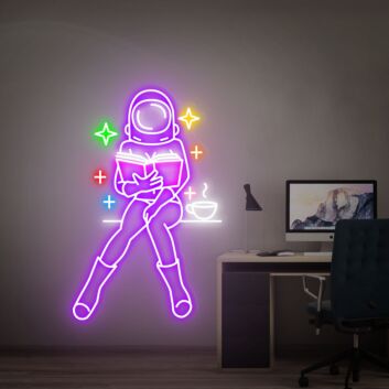 Astronaut beim Lesen mit Kaffeetasse LED-Neonschild Wohnzimmer Arbeitszimmer