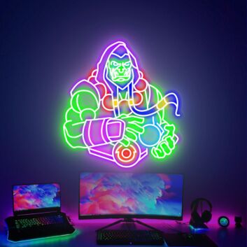 Futuristisches Neon LED Wandlicht mit maskierter Kämpfer Figur für Gaming Zimmer und Studio Dekoration