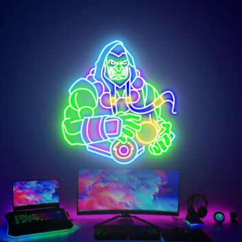 Futuristisches Neon LED Wandlicht mit maskierter Kämpfer Figur für Gaming Zimmer und Studio Dekoration