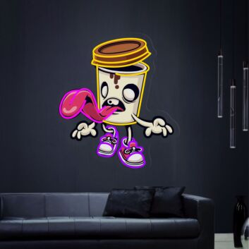 Comic Kaffeebecher mit Gesicht und Zunge LED-Neonschild Wohnzimmer Cafe