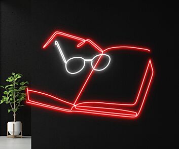 aufgeschlagenes Buch mit Brille LED-Neonschild für Bibliothek Leseraum