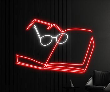 aufgeschlagenes Buch mit Brille LED-Neonschild für Bibliothek Leseraum