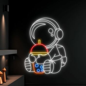 Astronaut mit Bubble Tea LED-Neonschild für Wohnzimmer Café