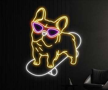 Französische Bulldogge auf Skateboard LED-Neonschild Wohnzimmer Kinderzimmer