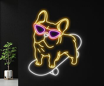 Französische Bulldogge auf Skateboard LED-Neonschild Wohnzimmer Kinderzimmer