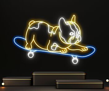 Französische Bulldogge auf Skateboard LED-Neonschild Wohnzimmer Kinderzimmer
