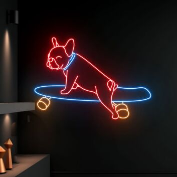 Französische Bulldogge auf Skateboard LED-Neonschild Wohnzimmer Jugendzimmer
