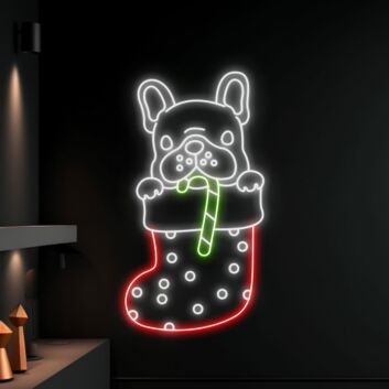 Französische Bulldogge in Weihnachtsstrumpf mit Zuckerstange LED-Neonschild Wohnzimmer Weihnachten