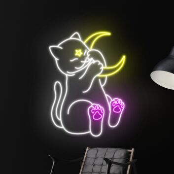 schlafende Katze mit Halbmond LED-Neonschild für Wohnzimmer oder Schlafzimmer