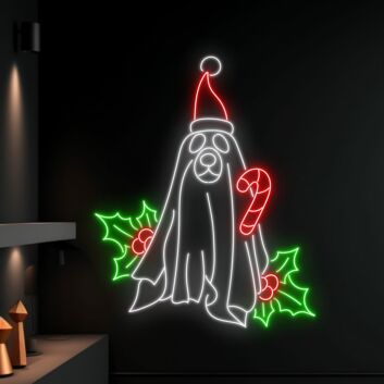 Weihnachtshund mit Zuckerstange und Stechpalme LED-Neonschild für Wohnzimmer Weihnachtsdeko