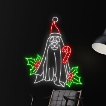 Weihnachtshund mit Zuckerstange und Stechpalme LED-Neonschild für Wohnzimmer Weihnachtsdeko
