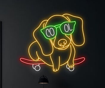 Hund mit Skateboard und Sonnenbrille LED Neonschild für Wohnzimmer und Jugendzimmer