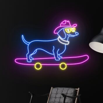 Dackel auf Skateboard mit Cowboyhut LED-Neonschild Wohnzimmer Bar