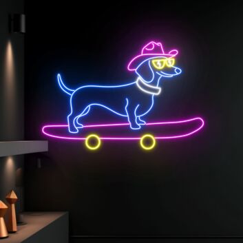 Dackel auf Skateboard mit Cowboyhut LED-Neonschild Wohnzimmer Bar