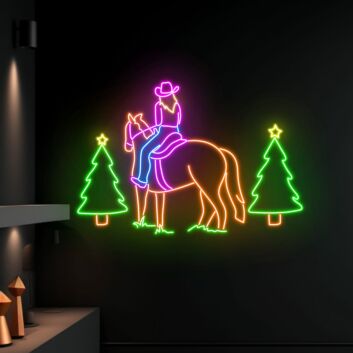 Cowboy auf Pferd zwischen Weihnachtsbäumen LED-Neonschild Wohnzimmer Bar