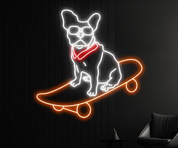 Neon LED Wandlicht mit Skateboard Hund Motiv für modernes Wohnzimmer Jugendzimmer Gaming Raum oder Bar Dekoration