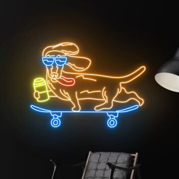 Neon LED Wandlicht mit Hund auf Skateboard und Getränk Motiv für Wohnzimmer Gaming Zimmer Bar oder moderne Raumdekoration