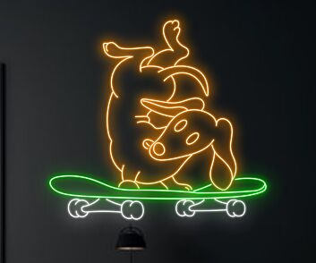 Neon LED Wandlicht mit Hund auf Skateboard Motiv für Wohnzimmer Kinderzimmer Gaming Raum oder moderne Wanddekoration