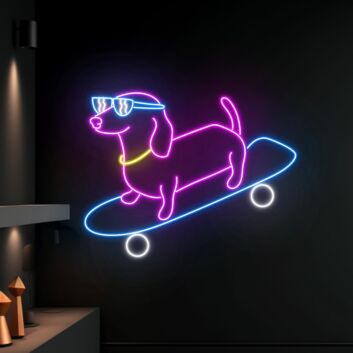 Neon LED Wandlicht mit cooler Hund Figur auf Skateboard für Wohnzimmer Gaming Zimmer Kinderzimmer oder moderne Wanddekoration