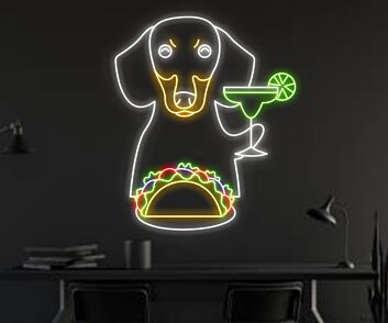 Dackel mit Taco und Cocktailglas LED-Neonschild für Bar Restaurant
