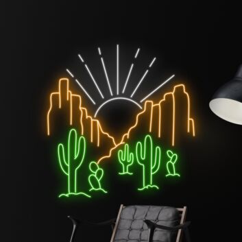 Wüstenlandschaft mit Kakteen und Sonnenaufgang LED-Neonschild Wohnzimmer Bar