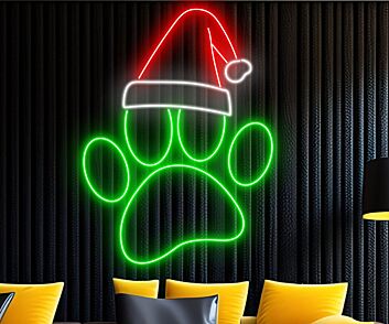 Pfotenabdruck mit Weihnachtsmütze LED-Neonschild für Wohnzimmer oder Haustierbereich