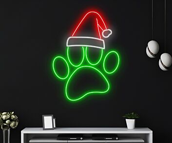 Pfotenabdruck mit Weihnachtsmütze LED-Neonschild für Wohnzimmer oder Haustierbereich