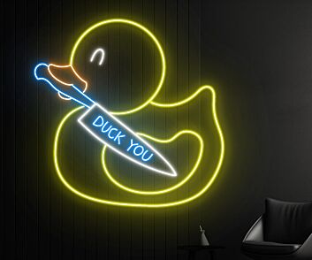 Neon LED Wandlicht mit Entenmotiv und grafischem Messer Design für moderne Deko und kreative Räume
