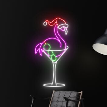 Flamingo in Cocktailglas mit Weihnachtsmütze LED-Neonschild für Bar Party