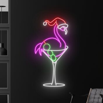 Flamingo in Cocktailglas mit Weihnachtsmütze LED-Neonschild für Bar Party