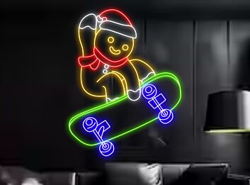 Weihnachtsmann Lebkuchenfigur auf Skateboard LED-Neonschild Wohnzimmer Weihnachtsdekoration