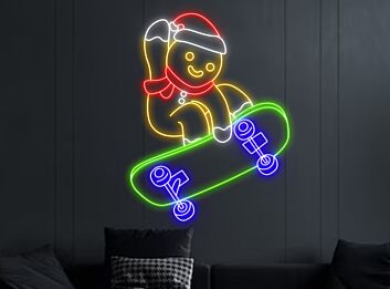 Weihnachtsmann Lebkuchenfigur auf Skateboard LED-Neonschild Wohnzimmer Weihnachtsdekoration