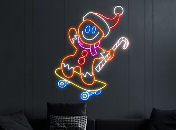 Lebkuchenmann mit Skateboard und Zuckerstange LED-Neonschild für Weihnachten und Wohnzimmer