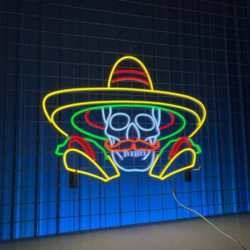 Totenkopf mit Sombrero und Tacos LED-Neonschild für Bar Restaurant