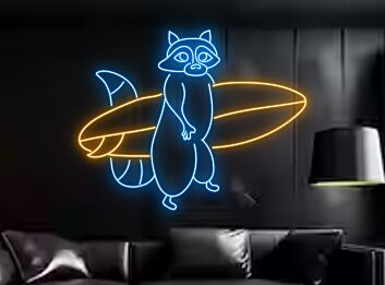 Waschbär mit Surfbrett LED-Neonschild Wohnzimmer Kinderzimmer