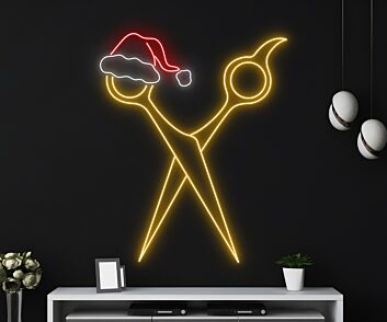 Friseurschere mit Weihnachtsmütze LED-Neonschild für Friseursalon Weihnachtsdekoration