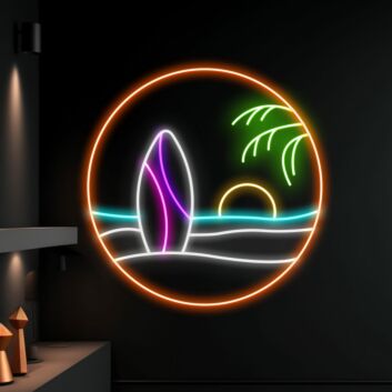 Surfbrett mit Sonnenuntergang und Palme LED-Neonschild für Wohnzimmer oder Bar