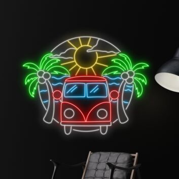 Retro Campingbus mit Palmen und Sonne LED-Neonschild für Wohnzimmer oder Bar