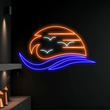 Sonnenuntergang mit Wellen und Möwen LED-Neonschild Wohnzimmer Bar
